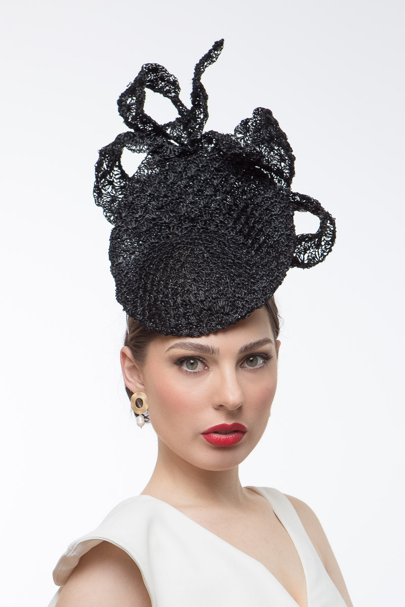 Black Lace Straw Bowed Platter by Felicity Northeast Millinery