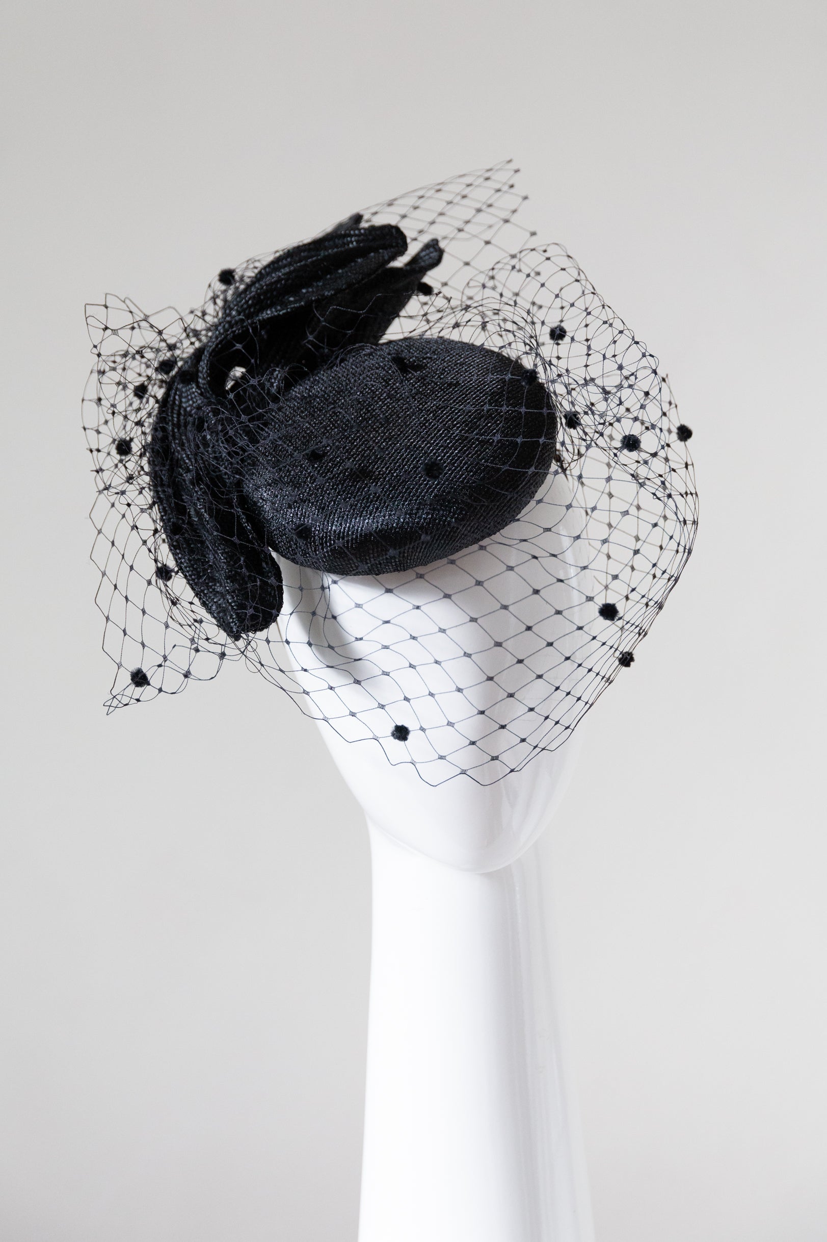 Black Pleated Bow Veiled Cocktail Hat  by Felicity Northeast Millinery