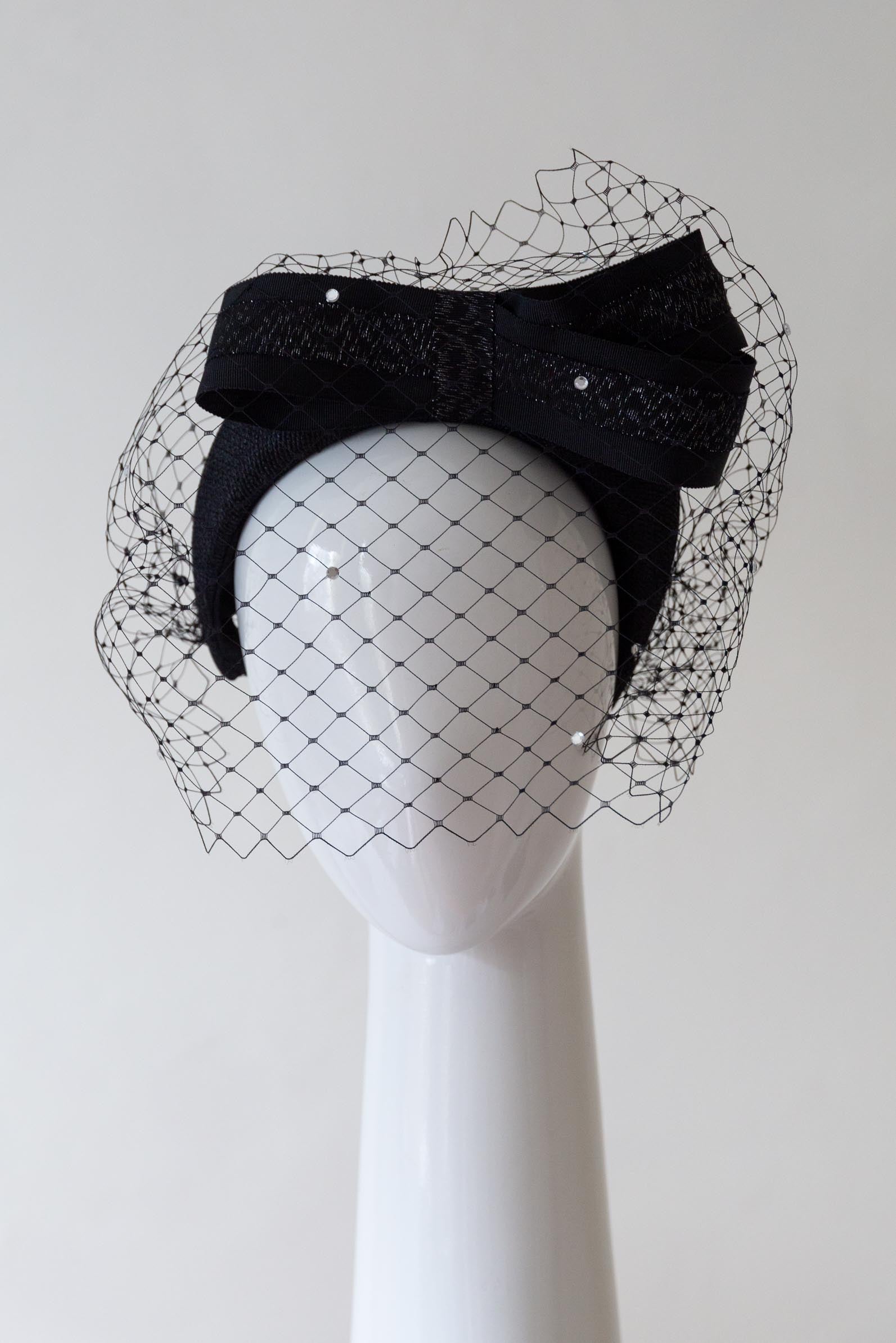 Black High Headband with Bow and Veiling by Felicity Northeast Millinery