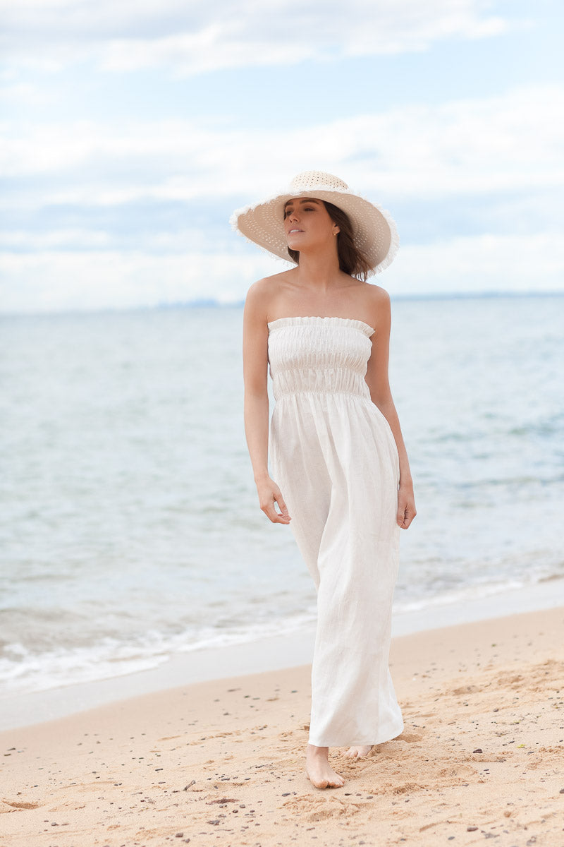 Fringed, white organic canvas and natural straw sunhat by Felicity Northeast Millinery