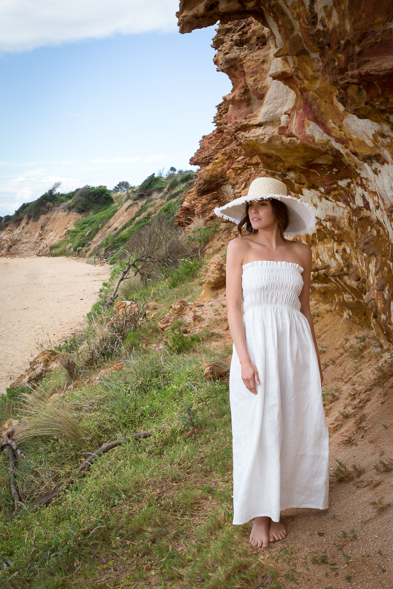 Fringed, white organic canvas and natural straw sunhat by Felicity Northeast Millinery
