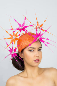 GRACE: Orange Beret with Hot Pink and Orange Feather Flowers