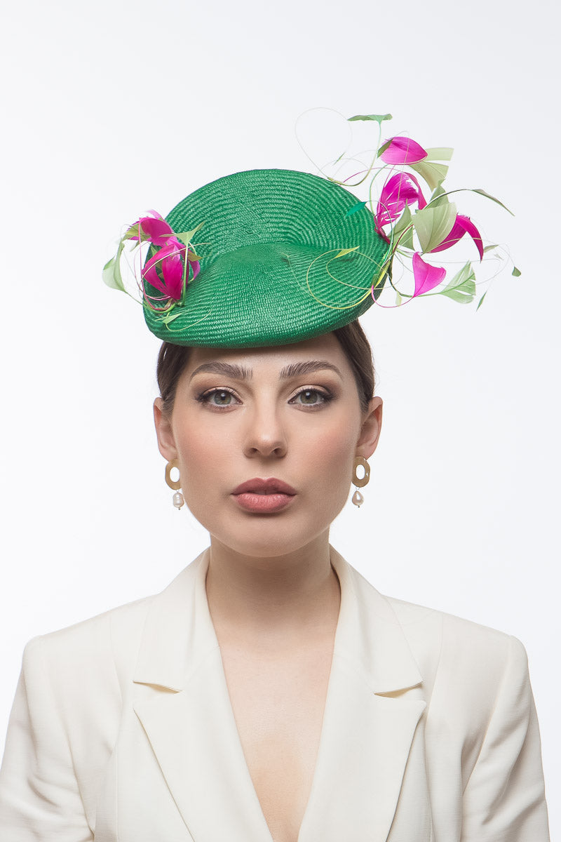 Green Raised Beret with Hot Pink & Green Feathers by Felicity Northeast Millinery