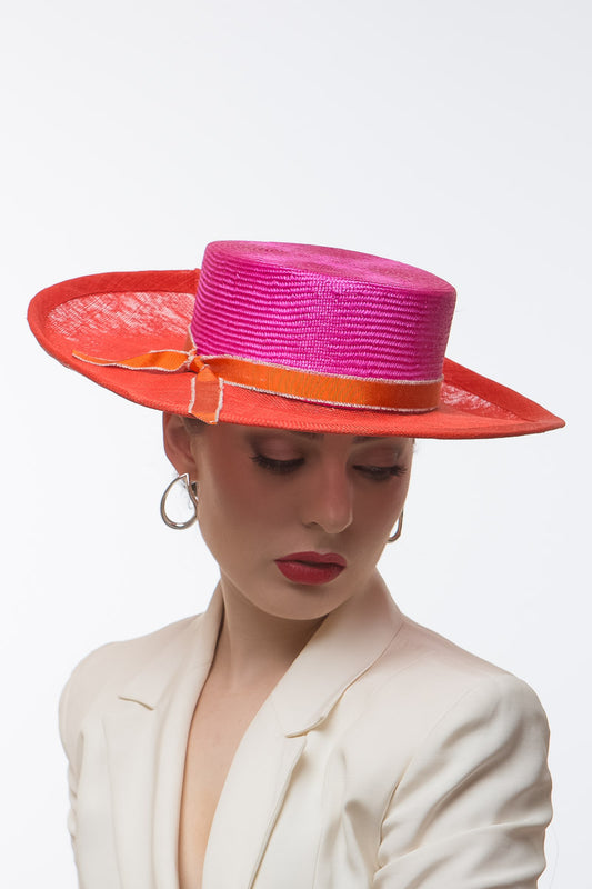 Hot Pink and Orange Boater by Felicity Northeast Millinery
