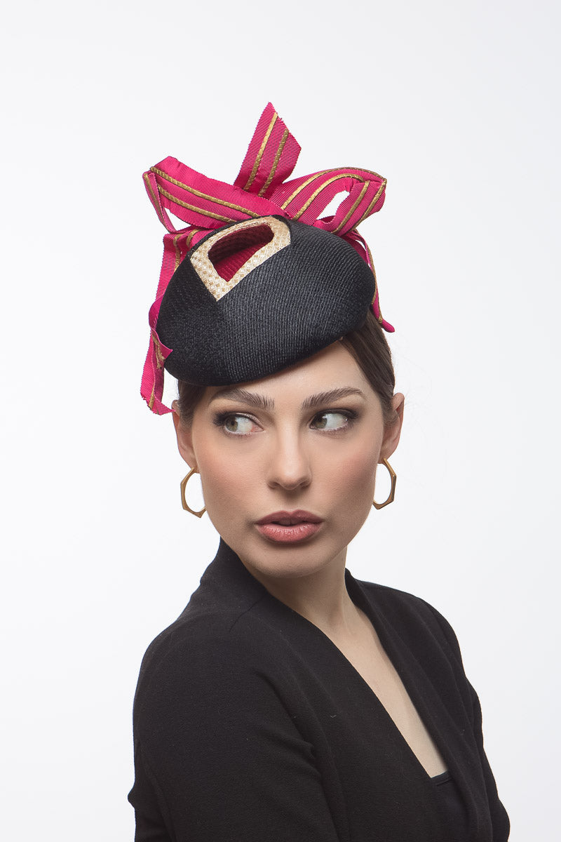 Layered Cocktail Hat in Pink, Gold & Black