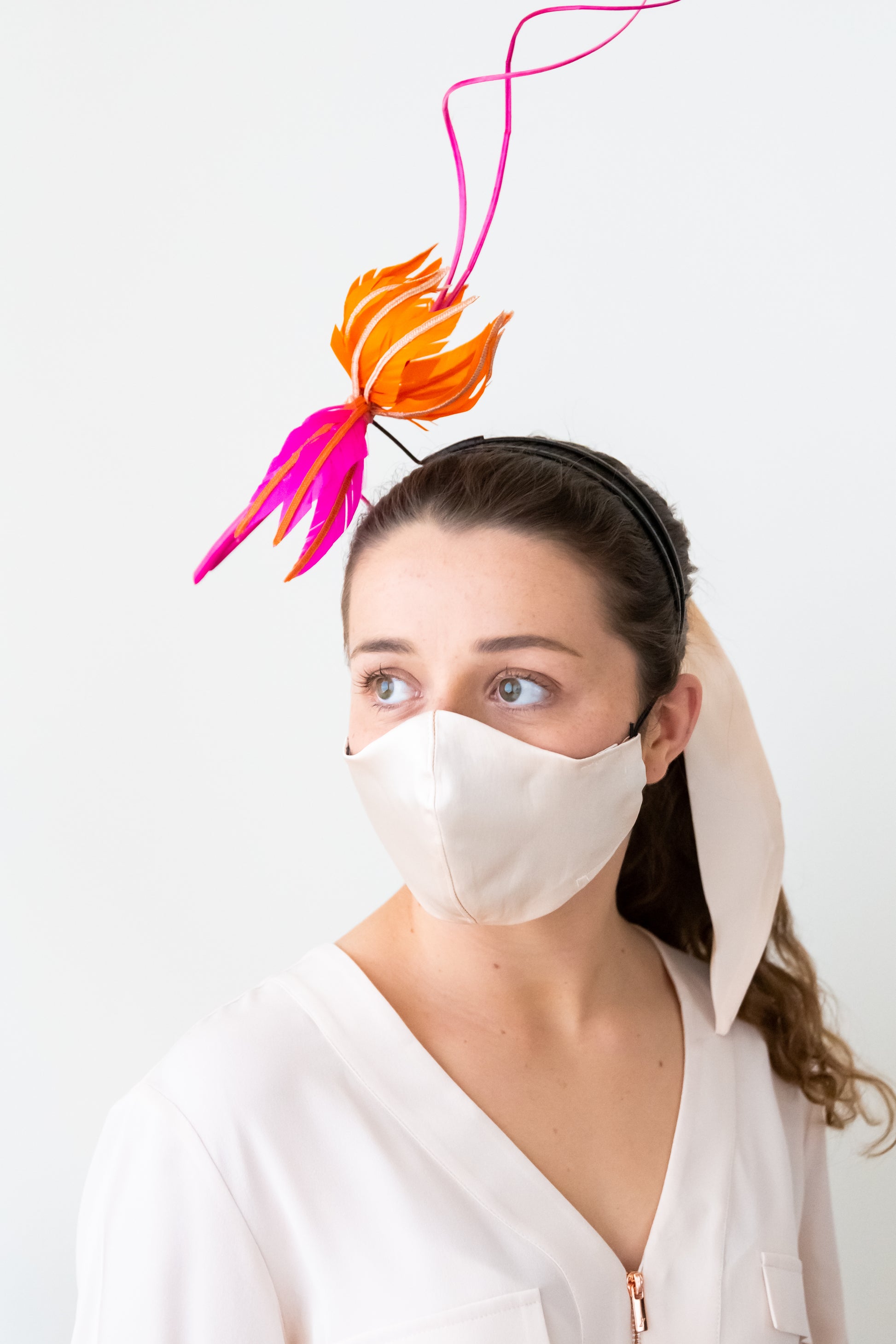 Blush silk face mask with ties and headwear