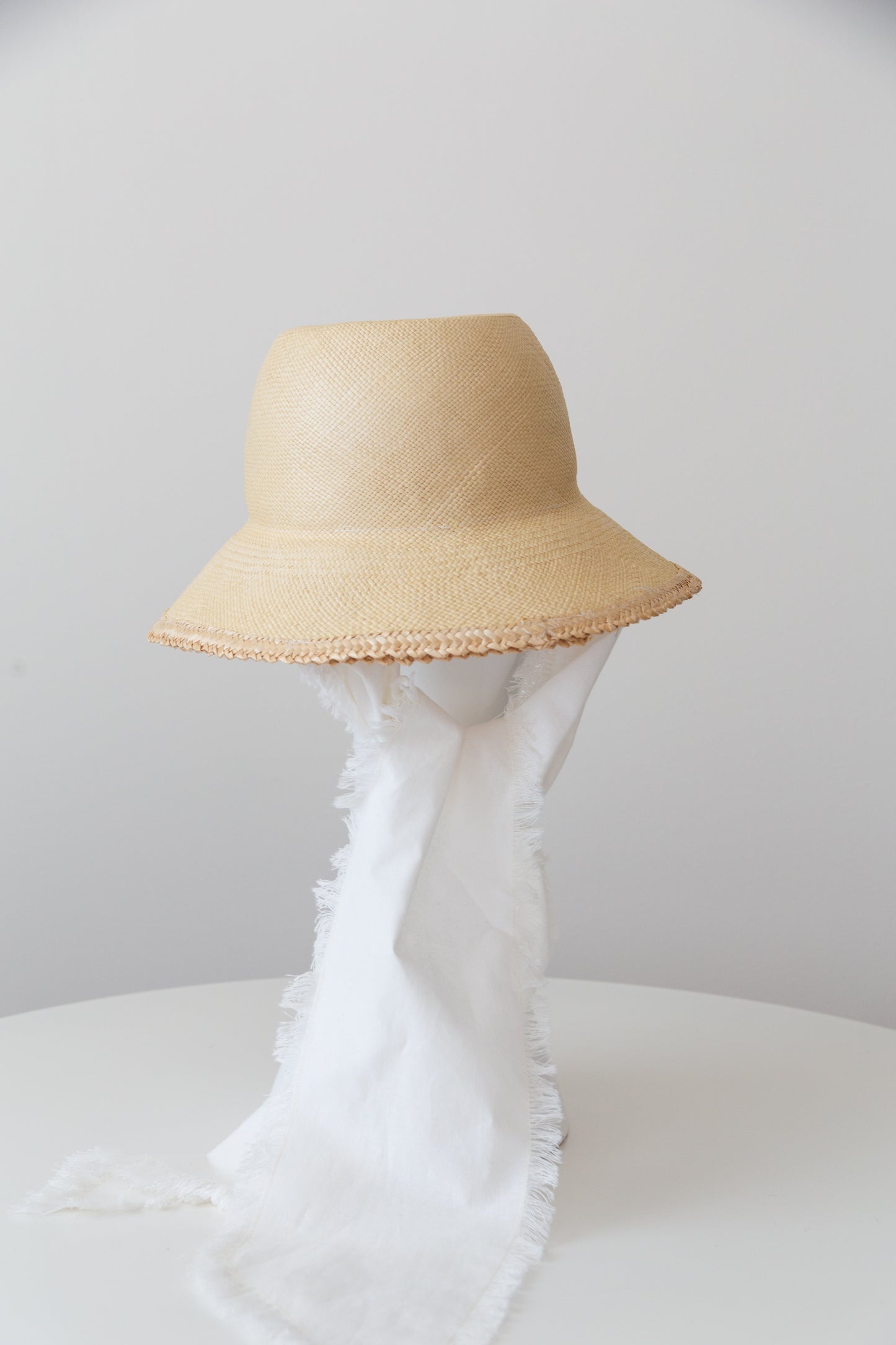 Natural Panama Bucket Hat with Detachable White Fringed Scarf