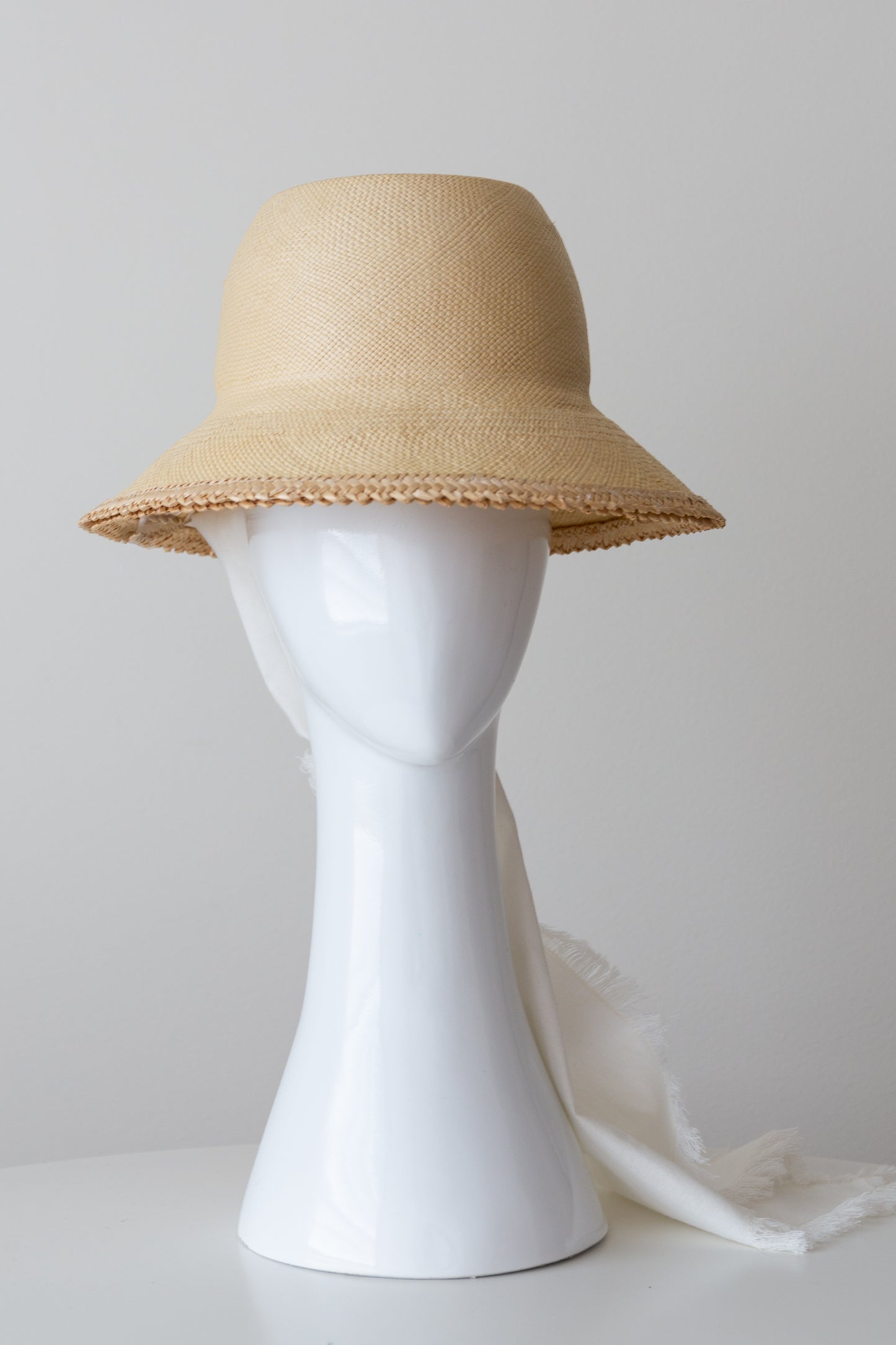 Natural Panama Bucket Hat with Detachable White Fringed Scarf