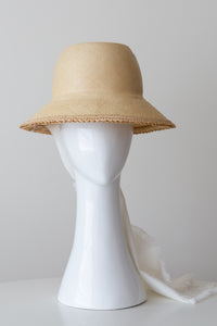 Natural Panama Bucket Hat with Detachable  White Fringed Scarf