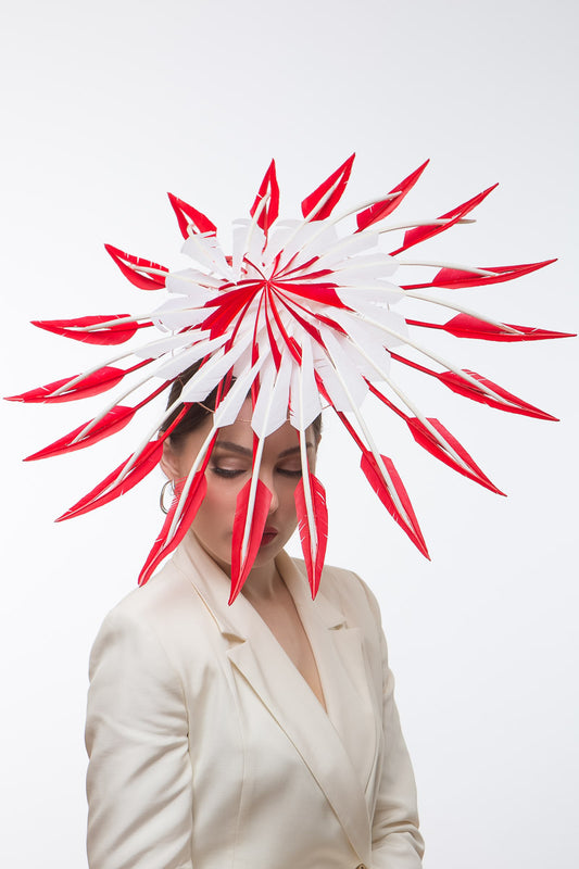 Sculptural Red and White Feather Hat by Felicity Northeast Millinery