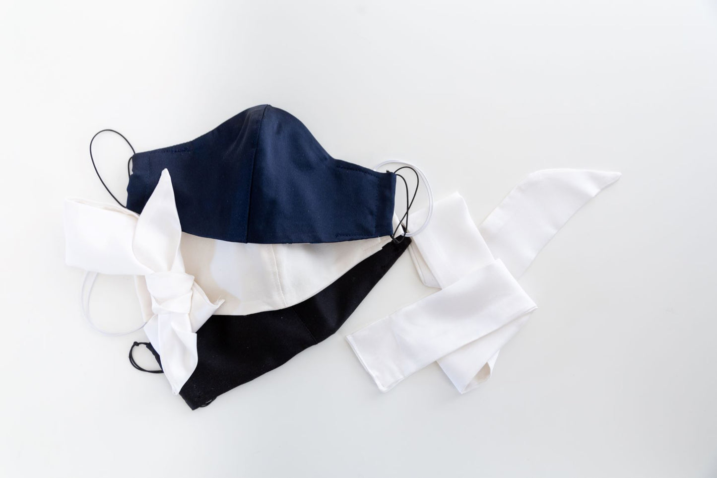 Silk face mask, with ties, Navy, White, Black