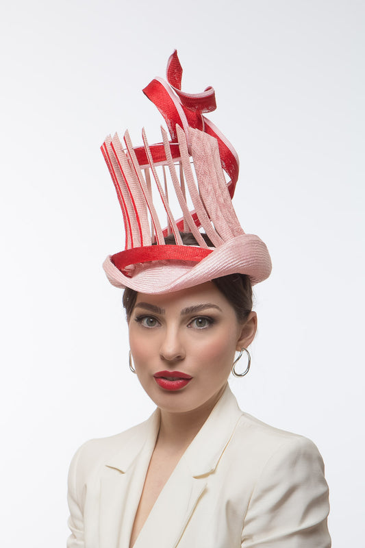 Striking Open Top Hat in Pink and Red by Felicity Northeast Millinery