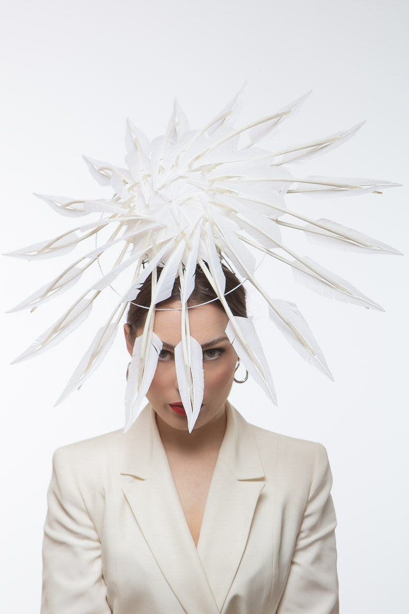 Striking White Feather Hat by Felicity Northeast Millinery