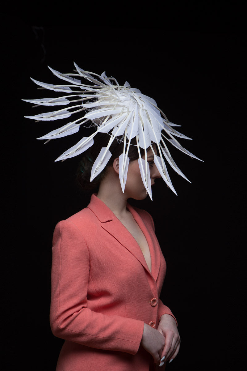 Striking White Feather Hat by Felicity Northeast Millinery
