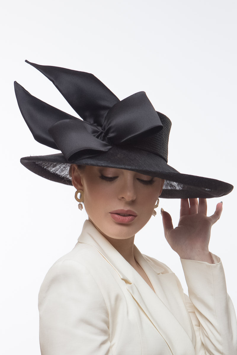 Sweeping Wide Brimmed Hat with Side Bow in Black by Felicity Northeast Millinery