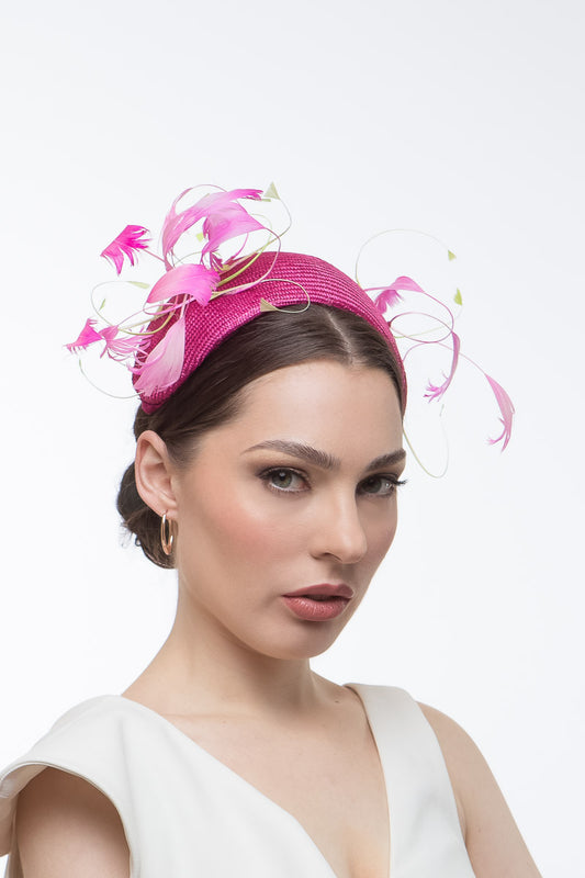 Swirling Feather Headband in Pink by Felicity Northeast Millinery