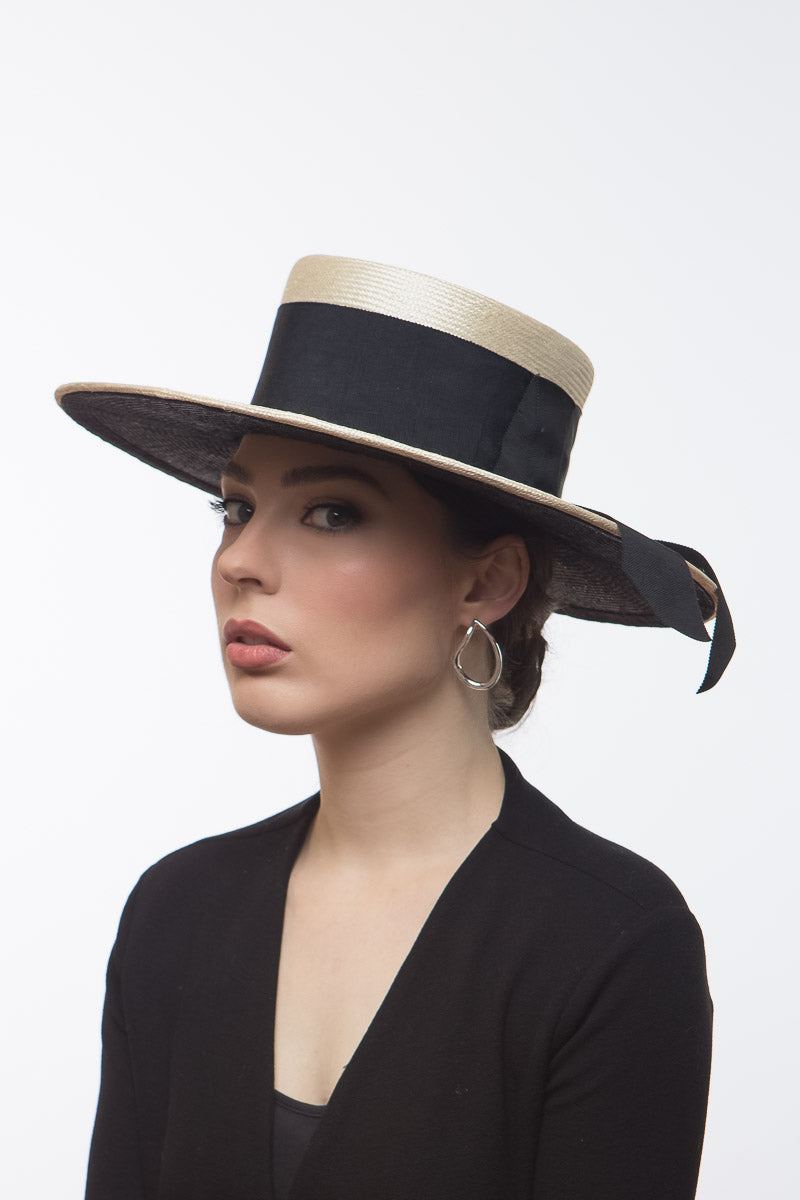 Two Toned Boater in Cream and Black by Felicity Northeast Millinery