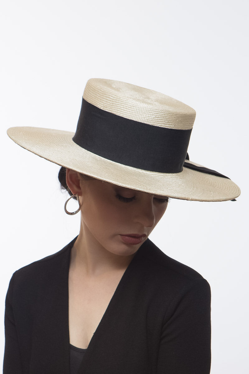 Two Toned Boater in Cream and Black by Felicity Northeast Millinery