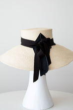 Load image into Gallery viewer, Wide brimmed cream panama sunhat with black  adjustableribbon ties, 