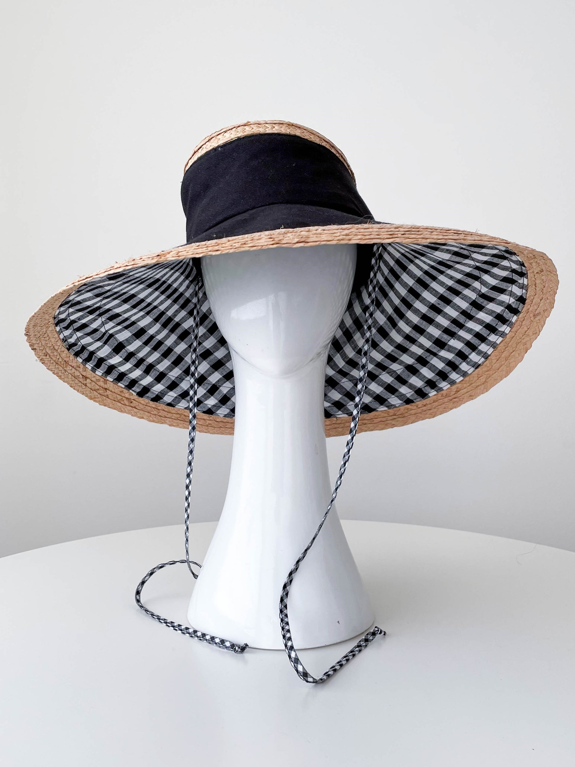 Wide Brimmed Canvas and Raffia Sun Hat: Black and Gingham by Felicity Northeast Millinery