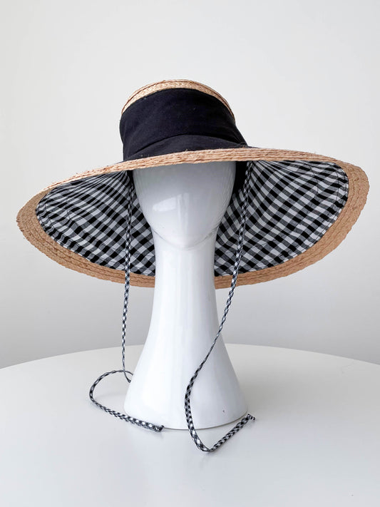 Wide Brimmed Canvas and Raffia Sun Hat: Black and Gingham by Felicity Northeast Millinery