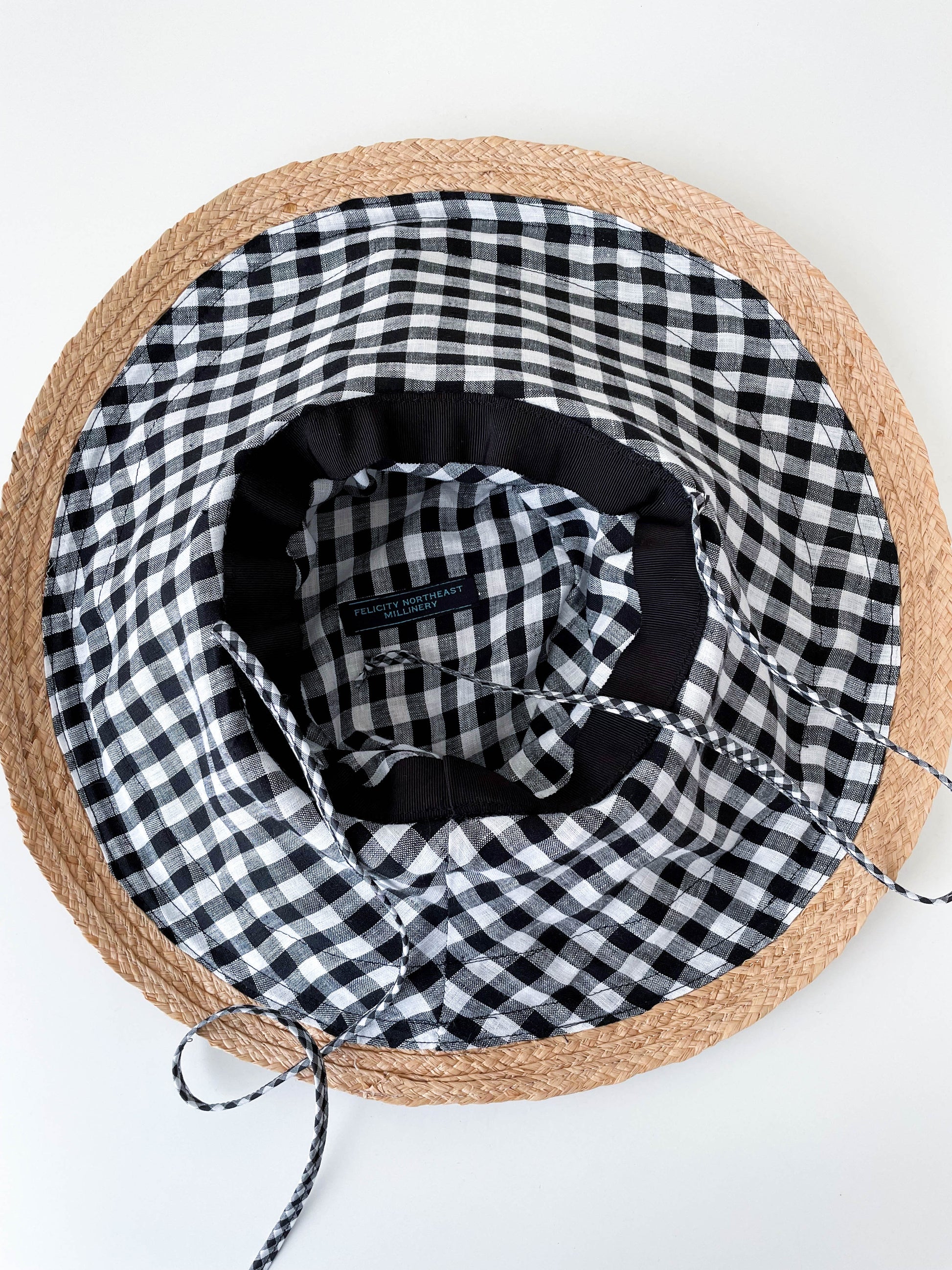 Wide Brimmed Canvas and Raffia Sun Hat: Black and Gingham by Felicity Northeast Millinery