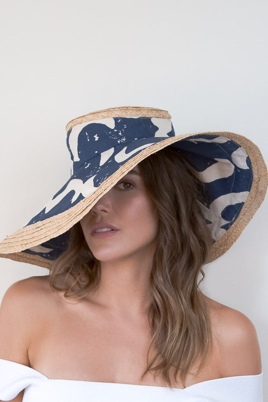 Wide brimmed raffia edged and blue canvas sunhat