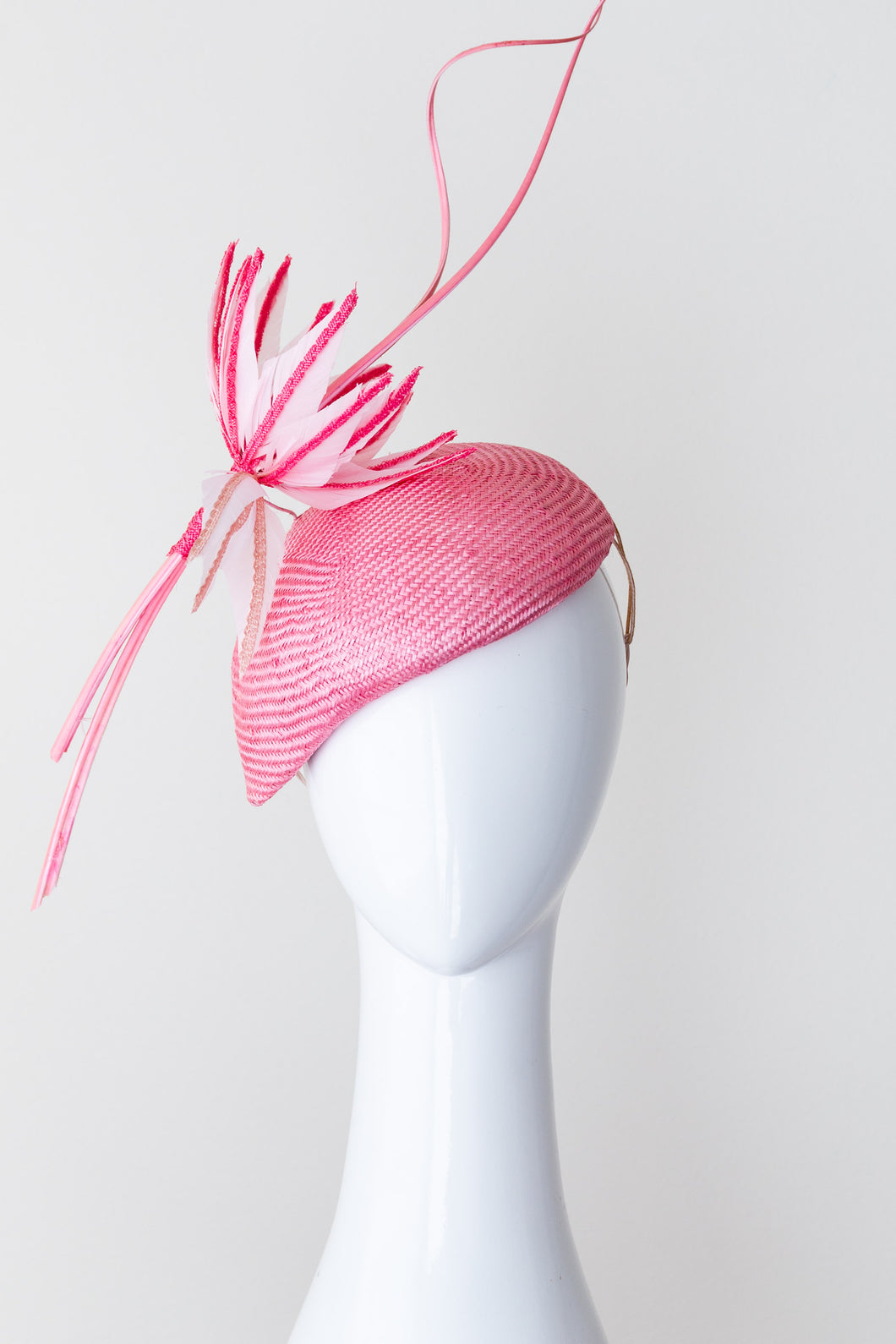 Pale Pink Side Hat with Floating Feather Flower By Felicity Northeast Millinery
