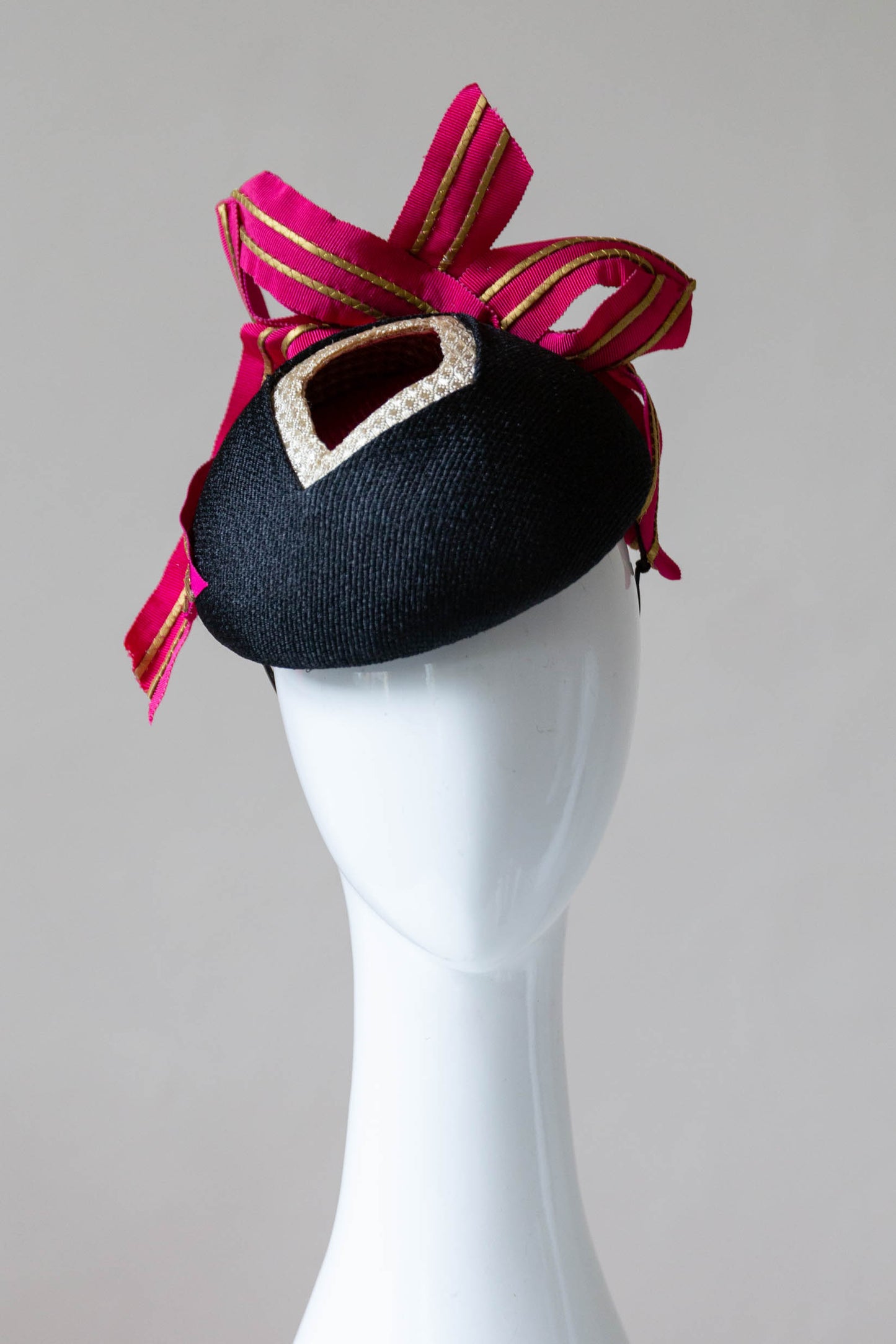 Layered Cocktail Hat in Pink, Gold & Black by Felicity Northeast Millinery