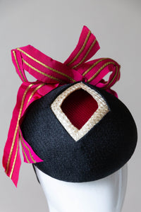 Layered Cocktail Hat in Pink, Gold & Black by Felicity Northeast Millinery detailed view