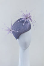 Load image into Gallery viewer, Arched Mauve Beret with Lilac Feather Flowers By Felicity Northeast Millinery