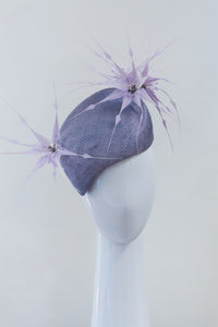 Arched Mauve Beret with Lilac Feather Flowers By Felicity Northeast Millinery