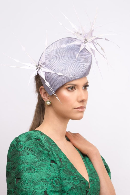 Arched Mauve Beret with Lilac Feather Flowers By Felicity Northeast Millinery