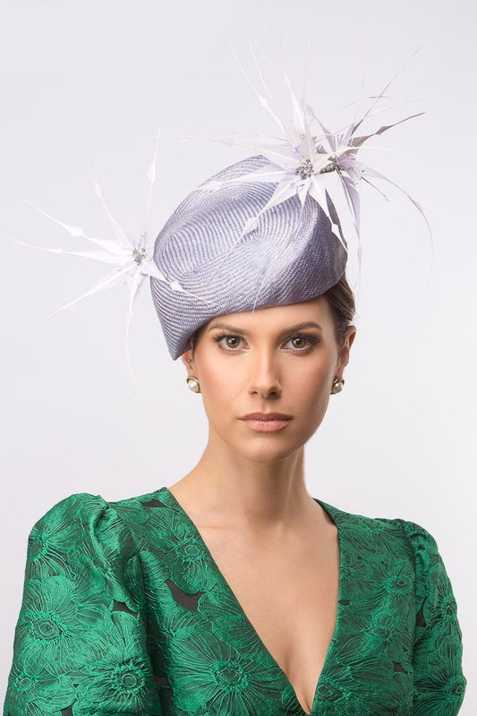 Arched Mauve Beret with Lilac Feather Flowers By Felicity Northeast Millinery