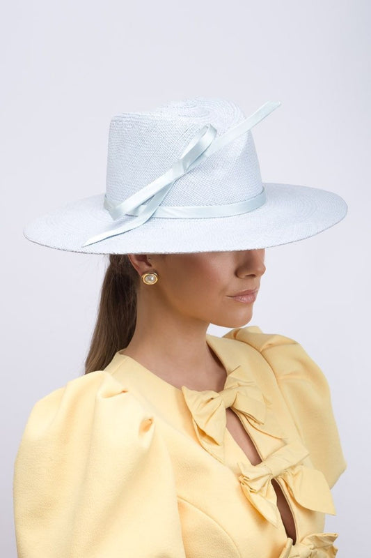 Baby Blue Panama Fedora with Silk Bow by Felicity Northeast Millinery