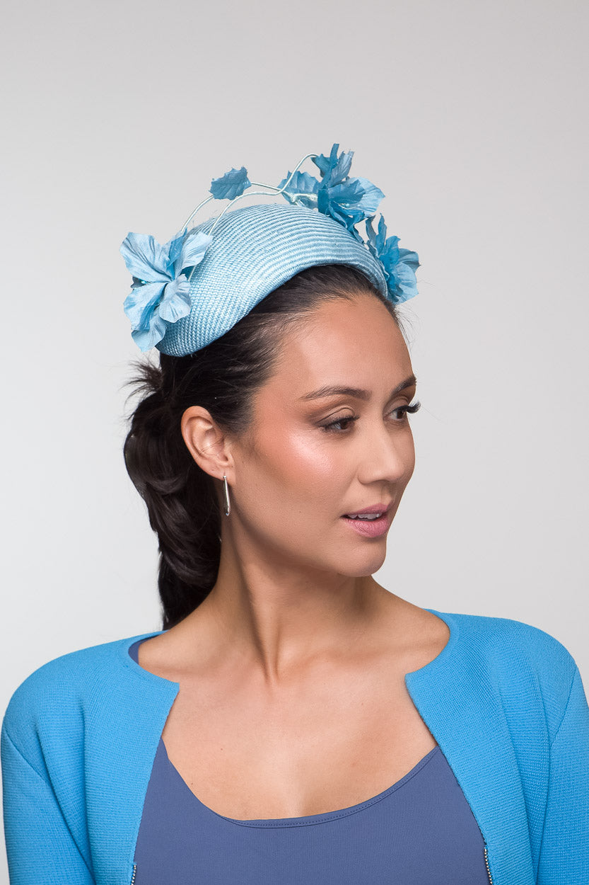 Bandeau with Silk Flower Spray in Blues by Felicity Northeast Millinery