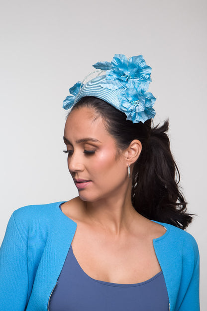 Bandeau with Silk Flower Spray in Blues by Felicity Northeast Millinery
