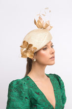 Load image into Gallery viewer, Beret in Beige Tones with Gold silk Flowers by Felicity Northeast Millinery