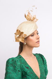 Beret in Beige Tones with Gold silk Flowers by Felicity Northeast Millinery