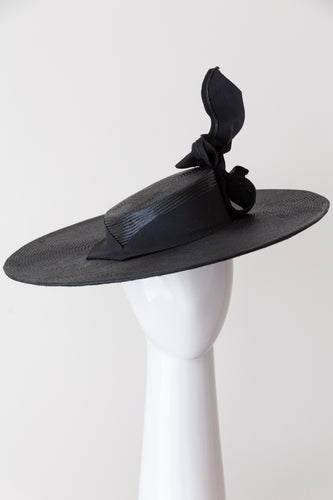 Black Asymmetrical  Boater with Side Bow By Felicity Northeast Millinery