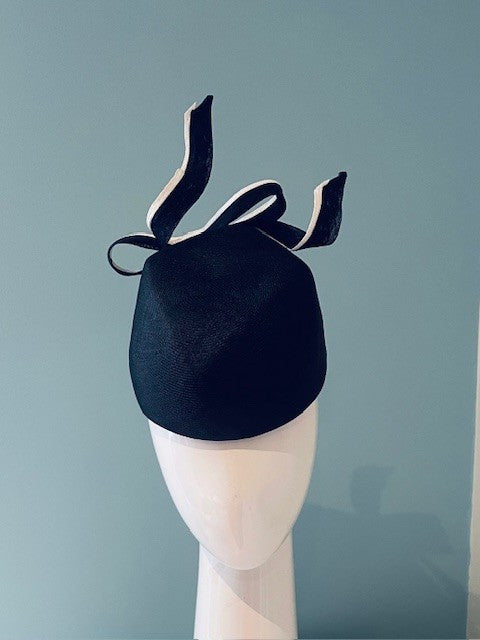 Black Asymmetrical Pillbox with Monochrome Bow