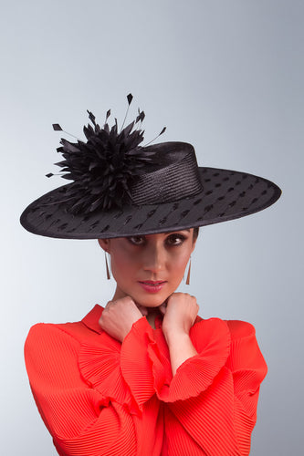 Black Boater with Chrysanthemum Pom Poms By Felicity Northeast Millinery