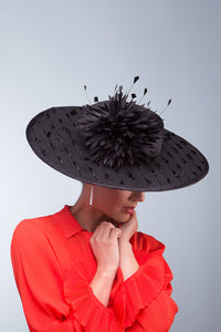 Black Boater with Chrysanthemum Pom Poms By Felicity Northeast Millinery