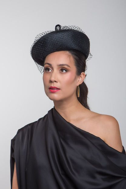 Black Curved Beret with Veiling By Felicity Northeast Millinery