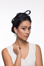 Load image into Gallery viewer, The Black Double Silk Bowed Headband features a raised close fitting straw headband with exquisite silk satin double bow