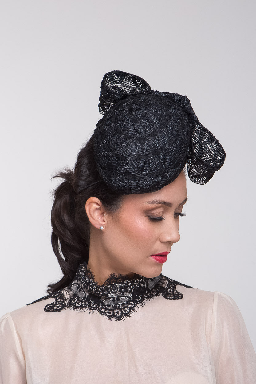 Black Lace Braid Beret with Back BowBy Felicity Northeast Millinery