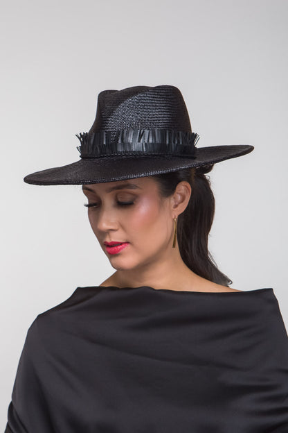 Black Panama Fedora with Fringing By Felicity Northeast Millinery