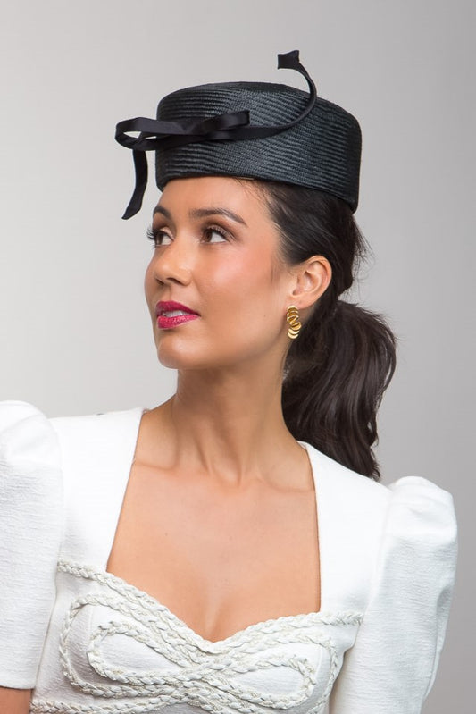 Black Statement Pillbox with Silk  Bow by Felicity Northeast Millinery