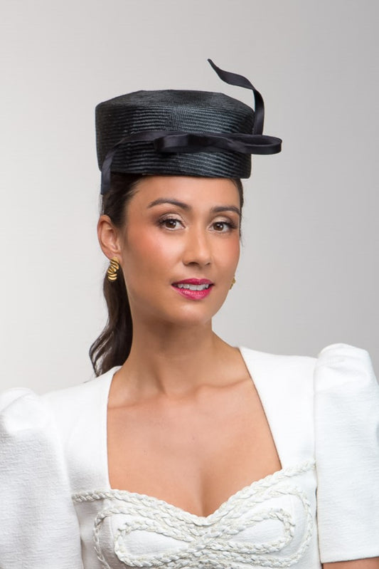 Black Statement Pillbox with Silk  Bow by Felicity Northeast Millinery