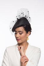 Load image into Gallery viewer, The Black Veil Designer Beret features a parisisal straw beret draped with vintage veiling